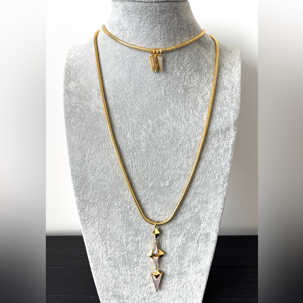 NWOT nOir Jewelry Milky Glow Necklace, 18k Gold Plate Double Row w Opal Pendants